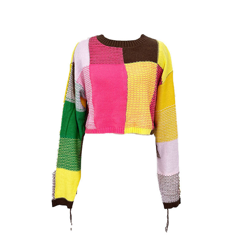 Damen modischer cropped Pulli mit buntem Patchwork-Design R&B
