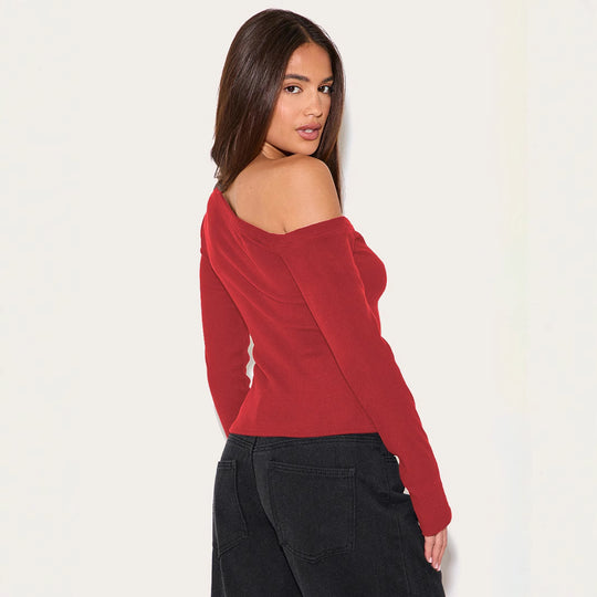 Damen Off-Shoulder Cropped Cardigan mit Knopfleiste R&B
