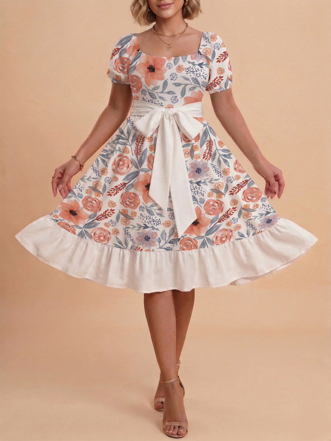 Damen Blumenkleid mit taillierbarem Gürtel und voluminösen Ärmeln R&B