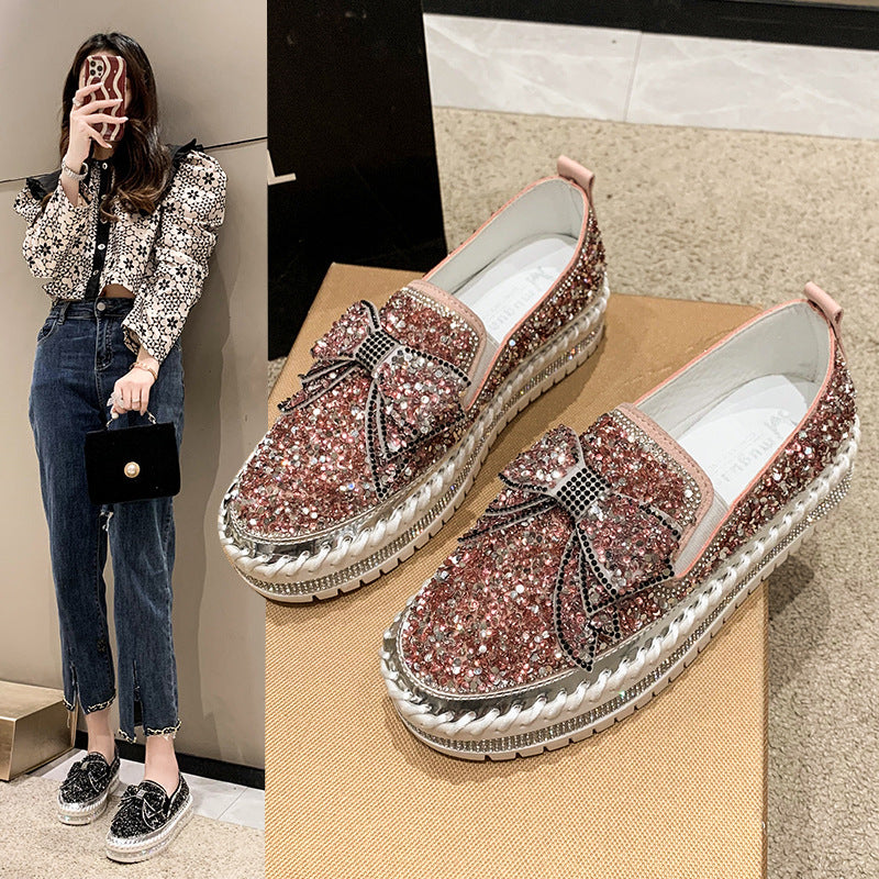 Damen Glitzernde Slip-On Sneakers mit dekorativem Schleifen- und Strass-Detail R&B