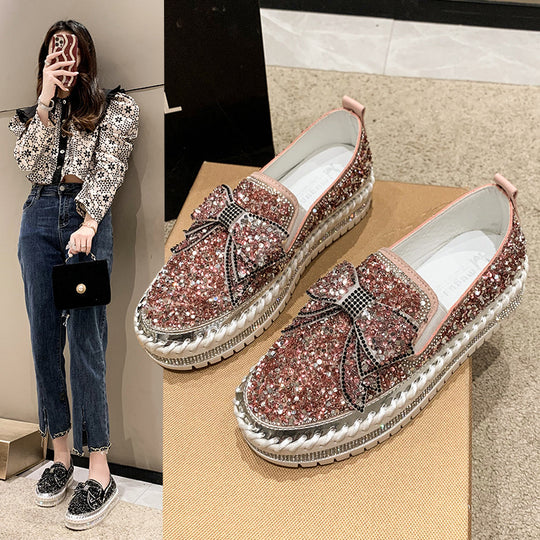 Damen Glitzernde Slip-On Sneakers mit dekorativem Schleifen- und Strass-Detail R&B