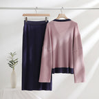 Damen elegantes Strick-Kombinationsset mit tiefem V-Ausschnitt und Kontrastdetails R&B
