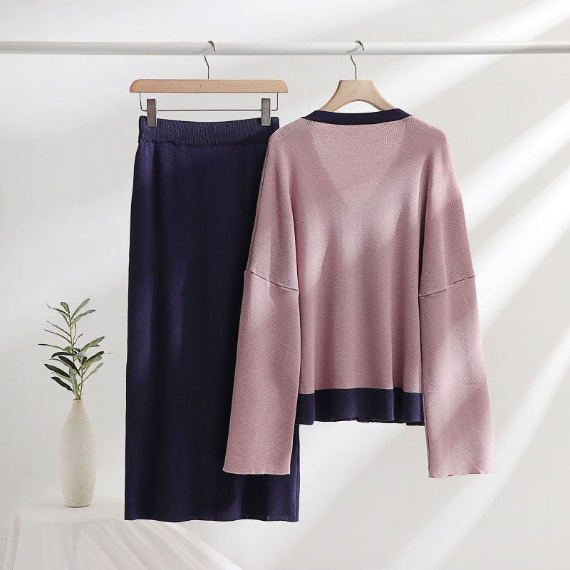 Damen elegantes Strick-Kombinationsset mit tiefem V-Ausschnitt und Kontrastdetails R&B