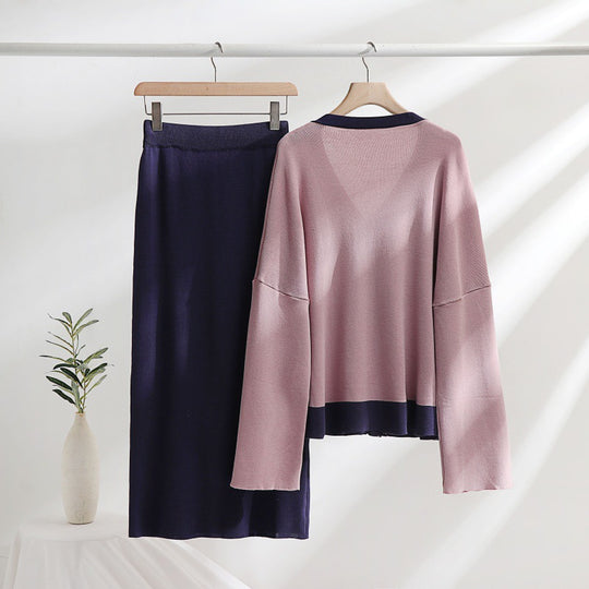 Damen elegantes Strick-Kombinationsset mit tiefem V-Ausschnitt und Kontrastdetails R&B