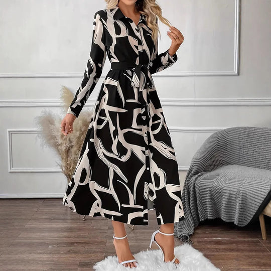 Damen Hemdblusenkleid mit raffiniertem Muster und tailliertem Gürtel R&B