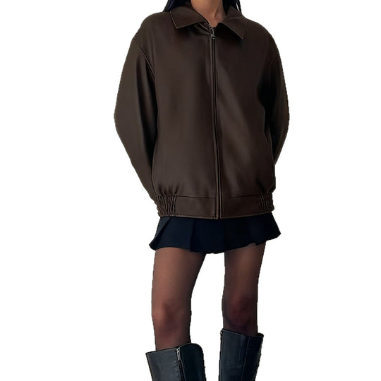 Damen Kunstlederjacke im lässigen Oversized-Stil mit elastischen Bündchen R&B