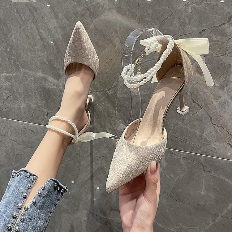 Damen schicke High Heels mit transparentem Riemen und zierlichem Perlenakzent R&B