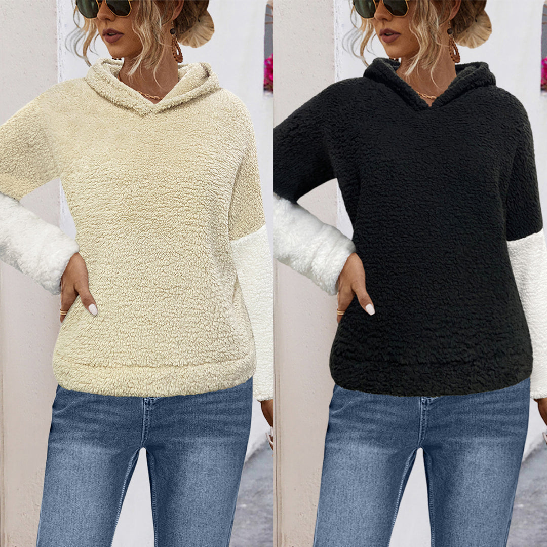 Damen lockerer Pullover mit weichem Teddy-Fleece und großem Kragen R&B