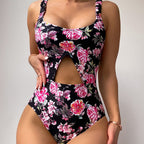 Damen Badeanzug mit floralem Design und ausgefallenem Ausschnitt R&B