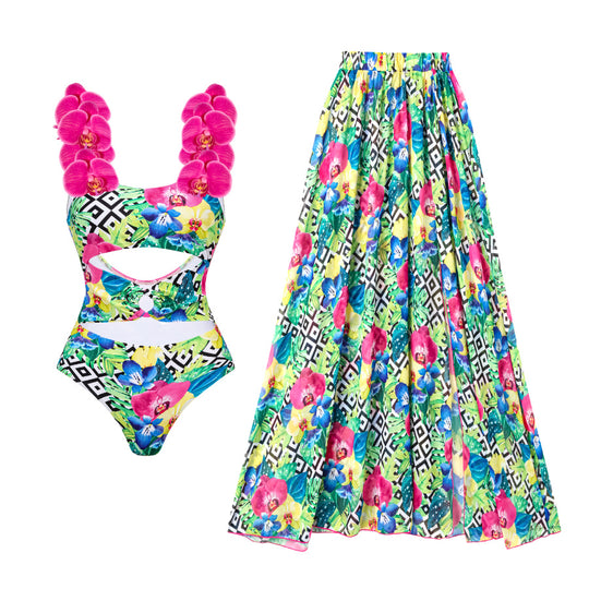 Damen Blumenmuster Badeanzug und Rock Set R&B