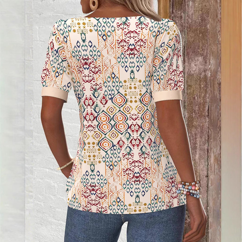 Damen nan leichtes Boho-Blusenshirt mit quadratischem Ausschnitt, Zierknopfleiste und geschwungenem Saum R&B