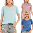 Damen V-Ausschnitt T-Shirt mit Brusttasche und kontrastierendem Kragen R&B