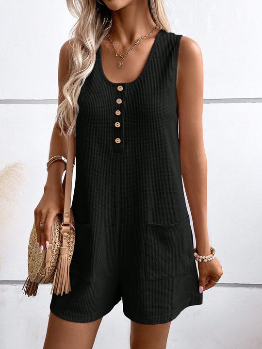 Damen Kurzarm Jumpsuit mit Knopfdetails und praktischen Taschen R&B