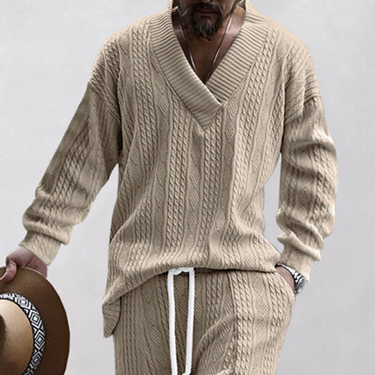 Herren nan Kabelstrick-Set mit tiefem V-Ausschnitt und Kordelbund-Jogginghose R&B