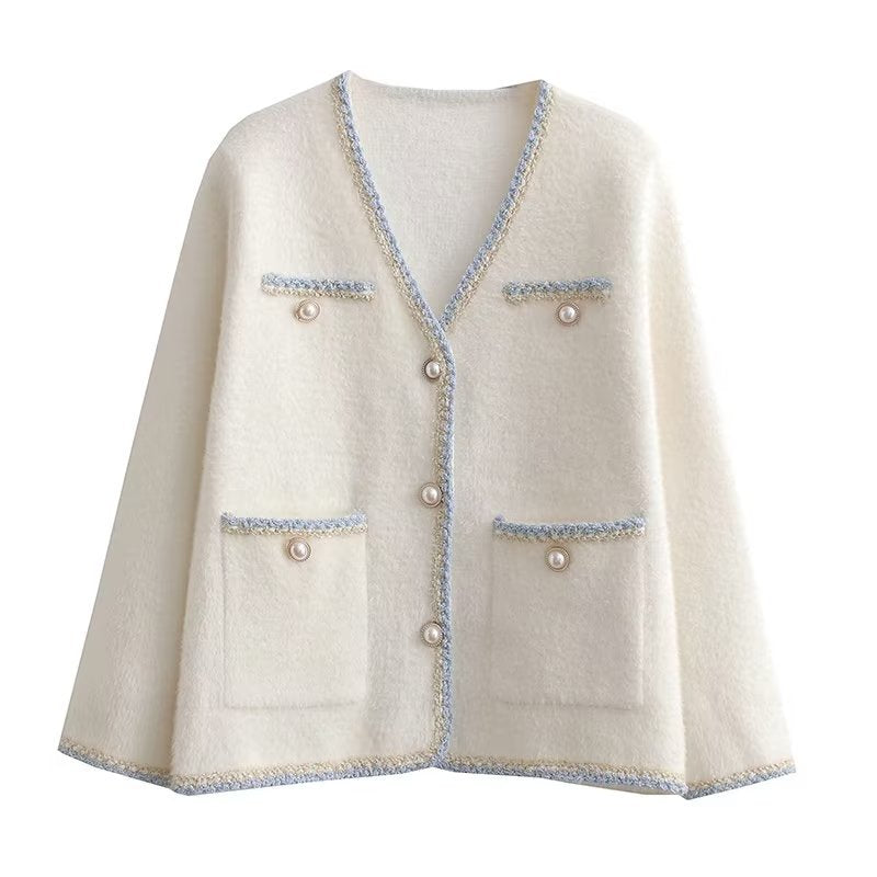 Damen elegante Strickjacke mit dekorativen Perlenknöpfen und praktischen Taschen R&B