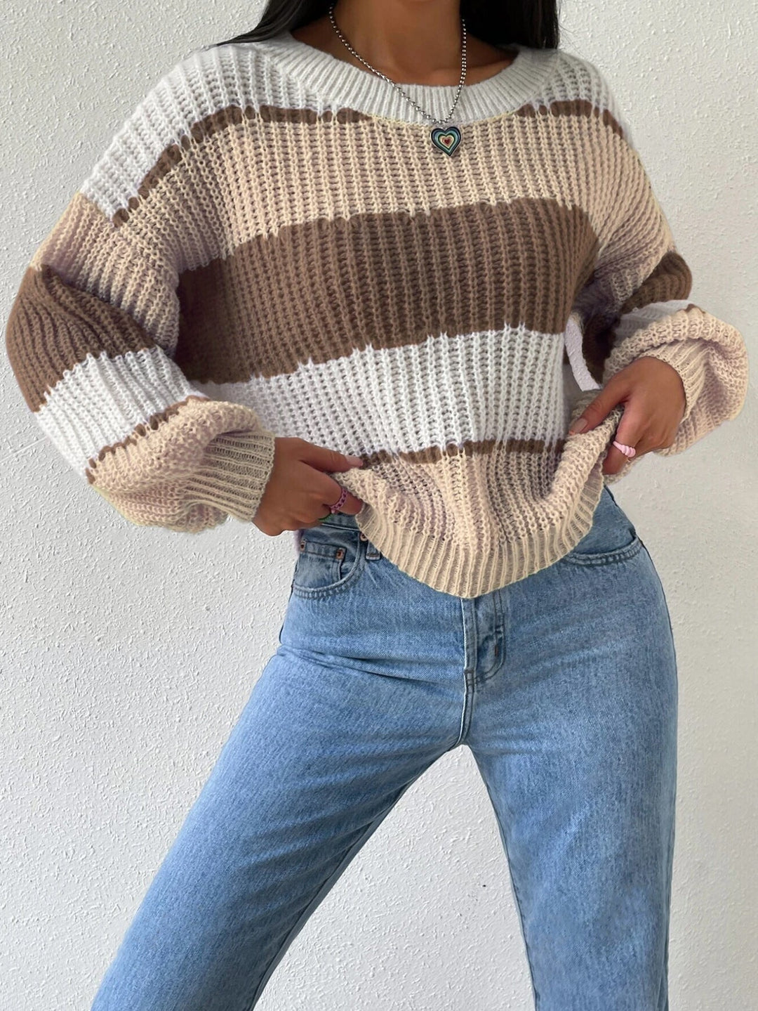 R&B | Pullover Pullover Grobstrick Übergröße Fit Langarm Freizeit Crew Neck
