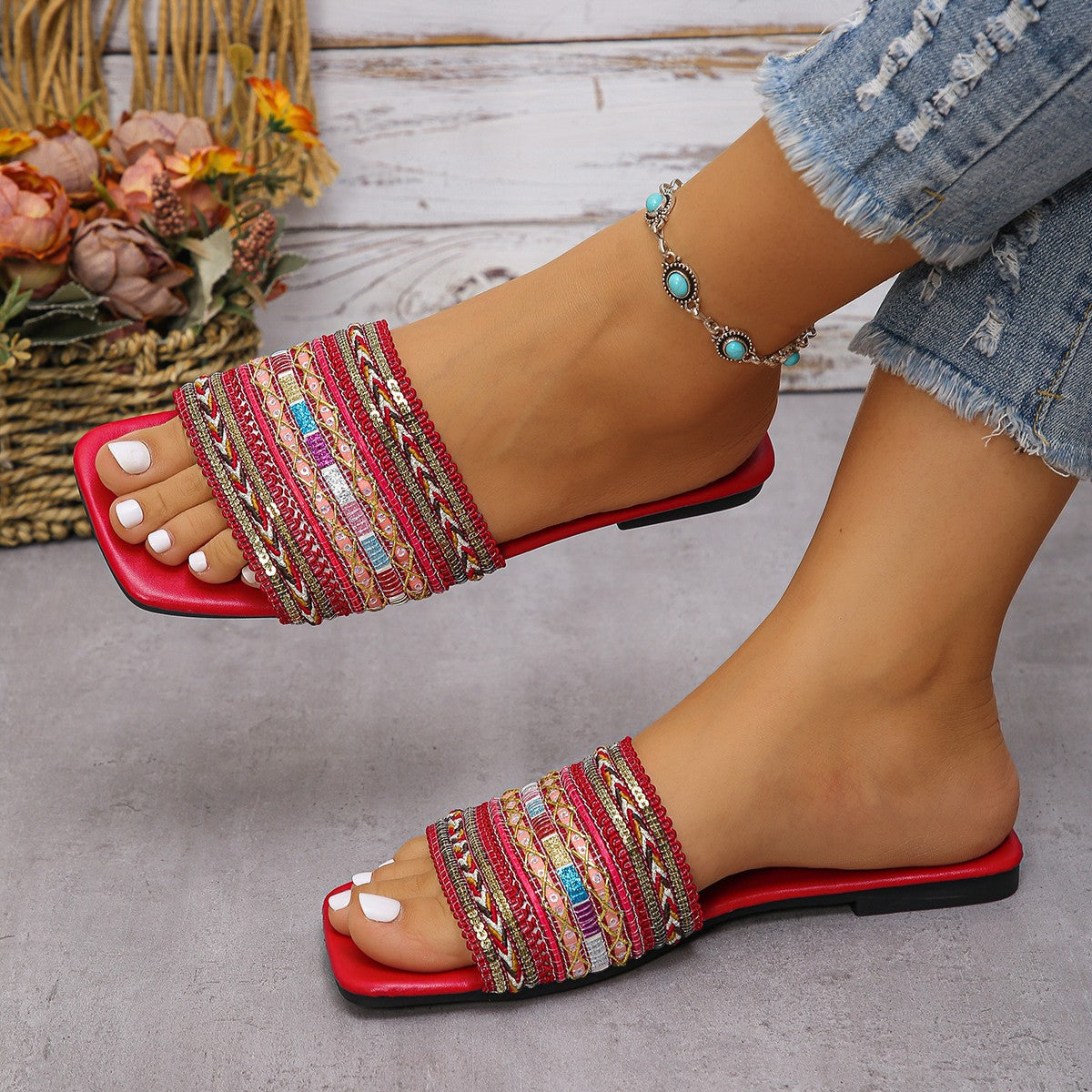 Damen Fancy Badeschuhe mit exquisite Perlenstickerei R&B