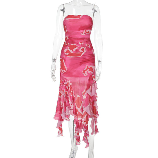 Damen elegantes Rüschenkleid mit trägerlosem Oberteil und asymmetrischem Saum R&B