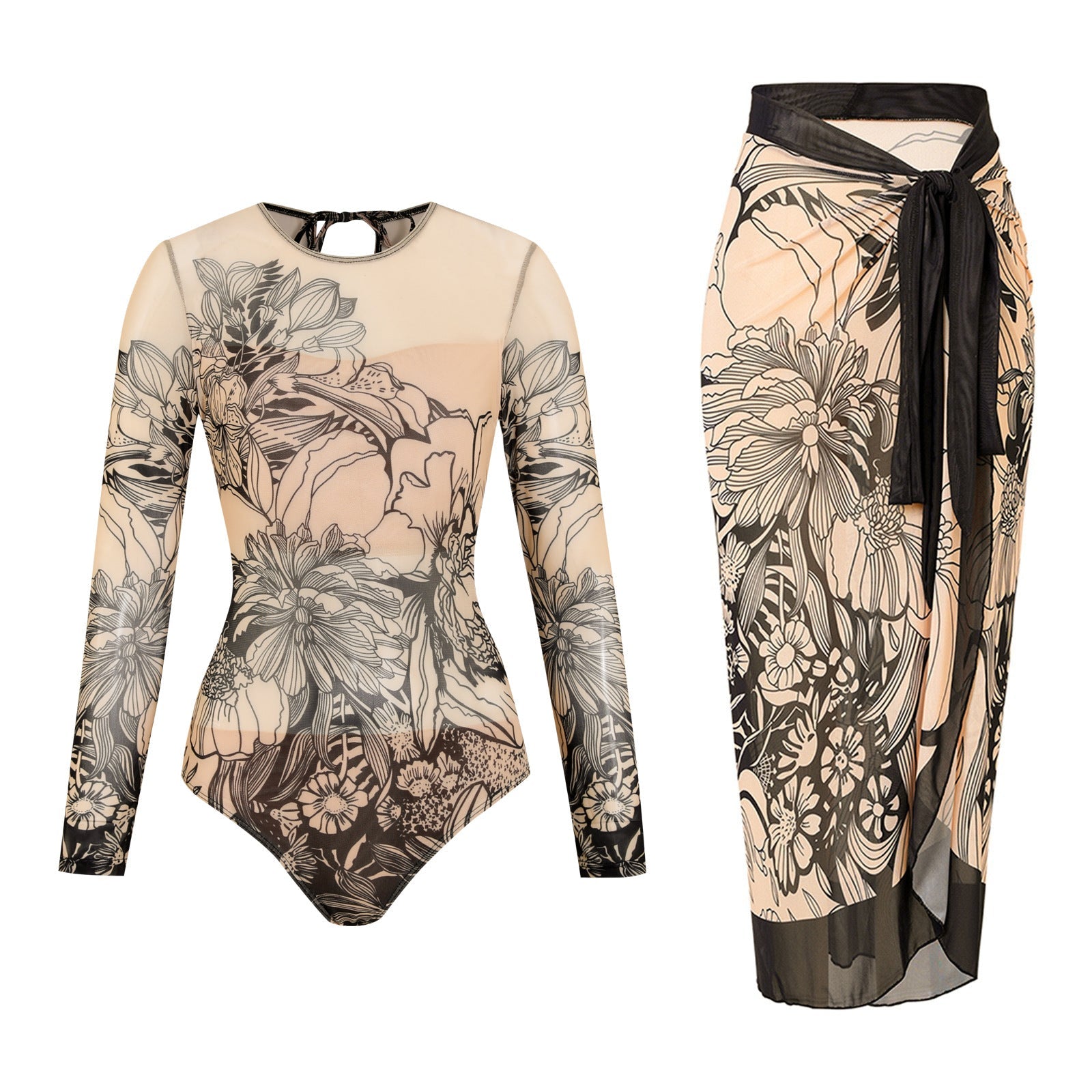 Damen Einteiler Badeanzug mit floralem Design und modischen Langarmhosen R&B