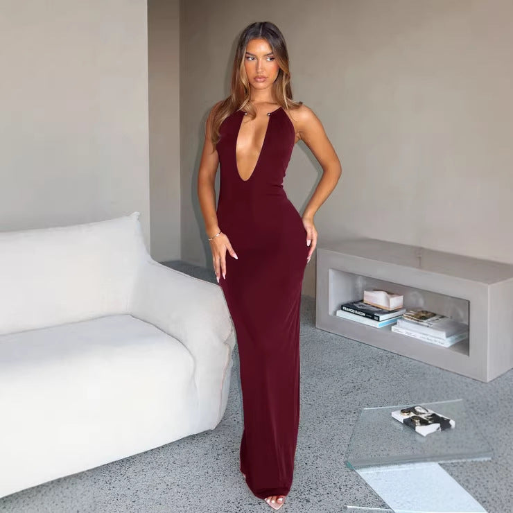 Damen Elegantes Maxikleid mit tiefem V-Ausschnitt und figurbetontem Schnitt R&B