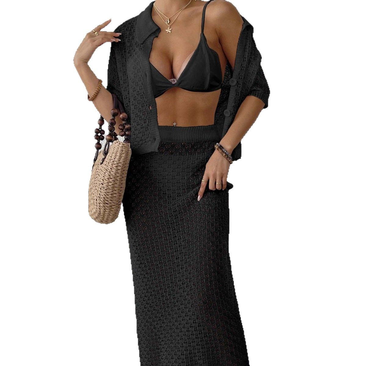 Damen elegantes Häkel-Kimono-Set R&B