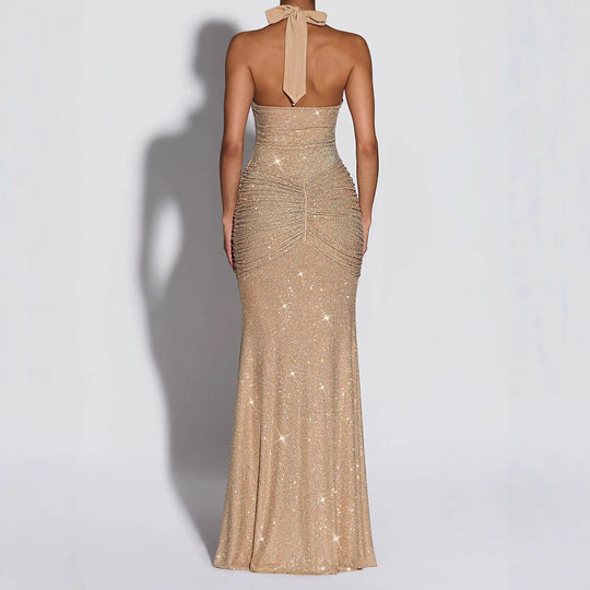Damen Glamouröses Abendkleid mit tiefem V-Ausschnitt und funkelnden Details R&B