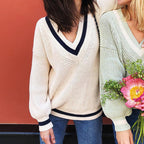 Damen lässiger Pullover mit tiefem V-Ausschnitt und Kontraststreifen R&B