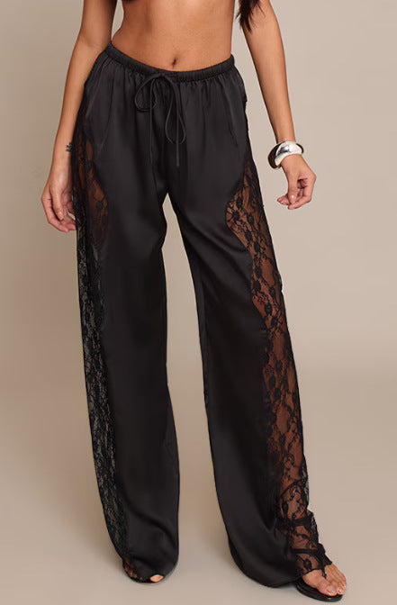 Damen nan Satinhose mit seitlichen Spitzeneinsätzen, weitem Bein und Tunnelzug R&B