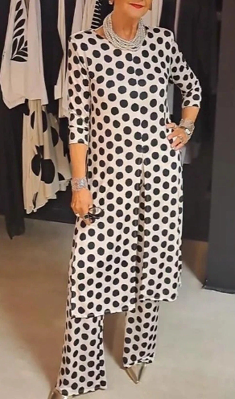 Damen nan Pünktchen-Lounge-Ensemble mit langer A-Linien-Tunika, mittigem Frontschlitz und weiter Palazzohose R&B