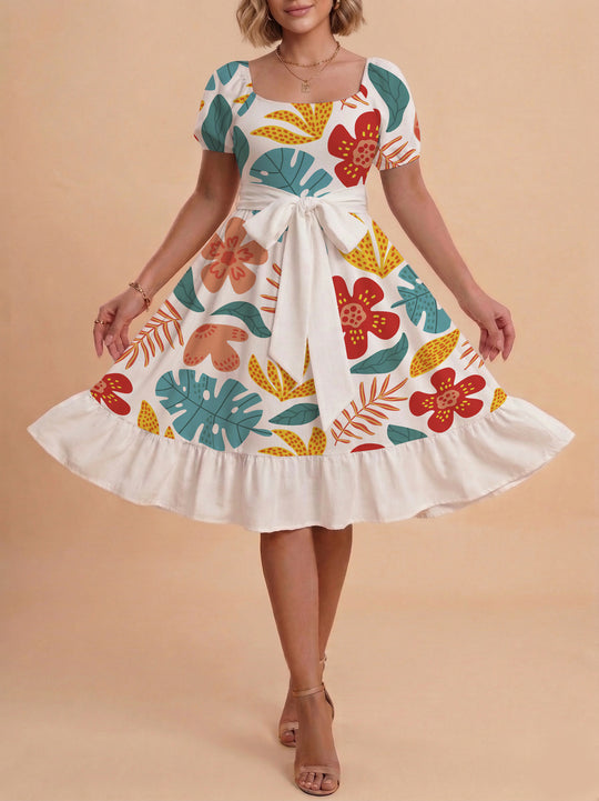 Damen Sommerliches Blumenkleid mit taillierbarem Gürtel und voluminösen Ärmeln R&B