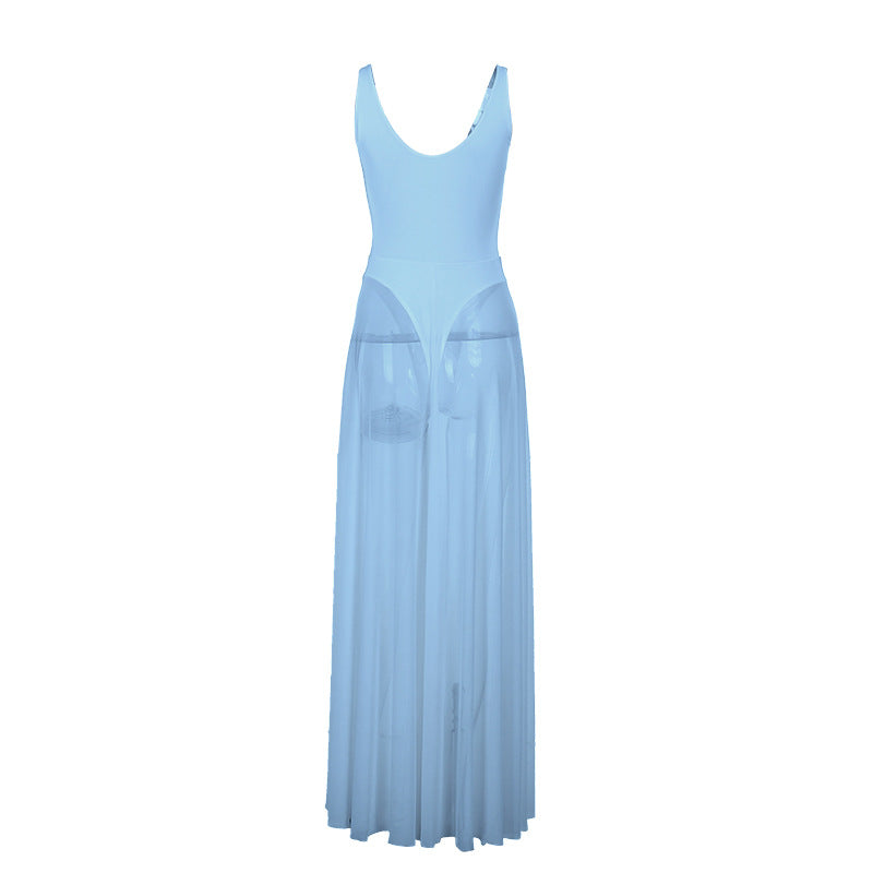 Damen Stilvolles Maxikleid mit transparentem Rock und elegantem V-Ausschnitt R&B