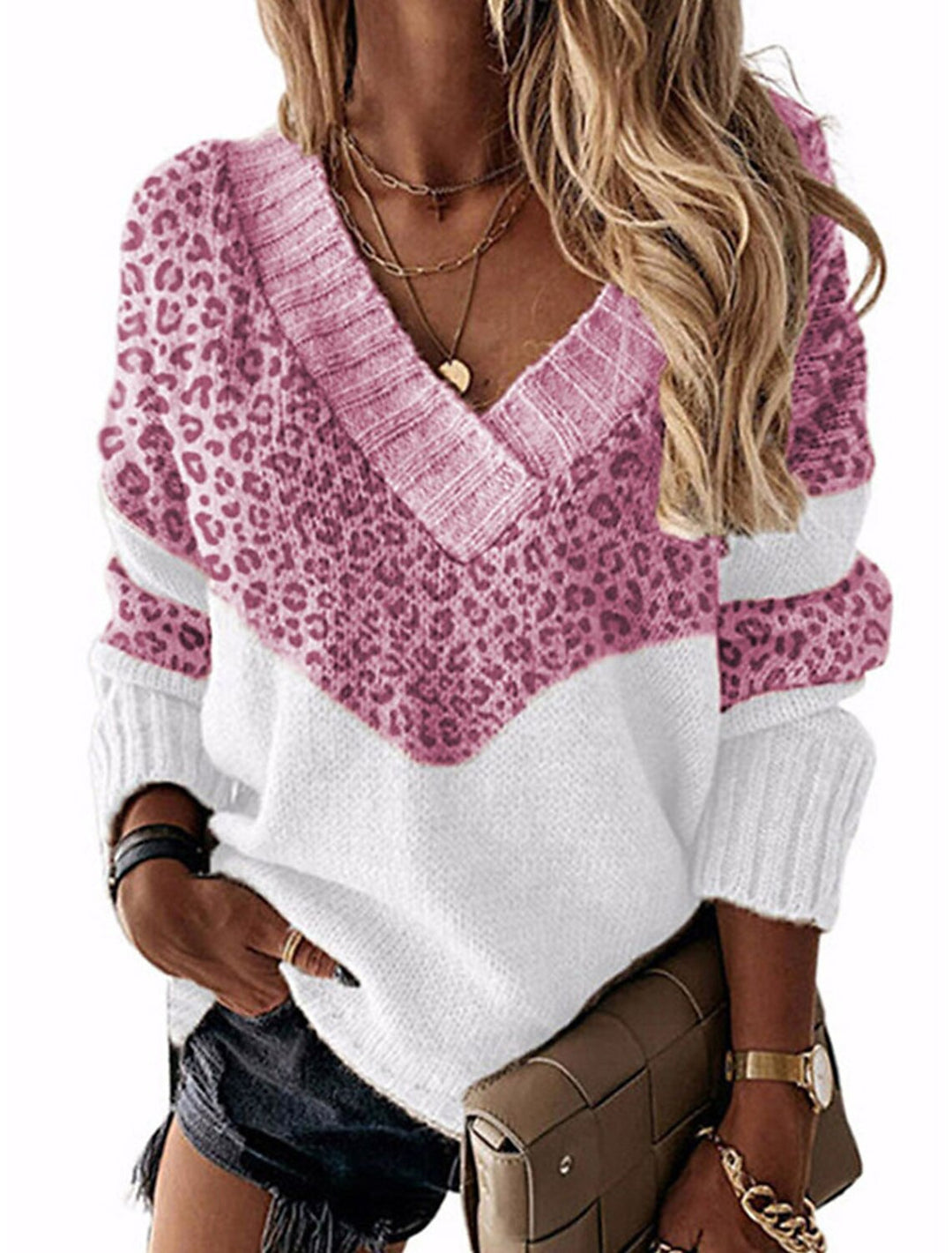 Damen modischer V-Ausschnitt Pullover mit Leopardenmuster R&B