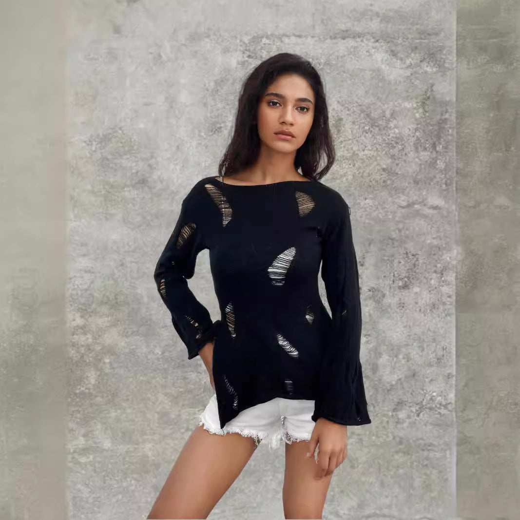 Damen Strickpullover mit lässiger, aufgerissener Optik und weitem Schnitt R&B