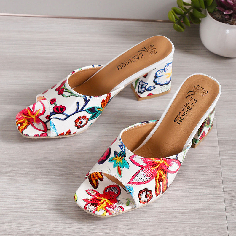 Damen Offene Mules mit floralem Muster und komfortablem Blockabsatz R&B