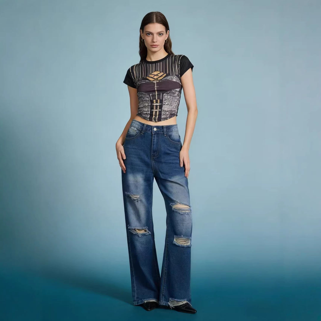 Damen weite Jeans mit stylischem Destroyed-Detail und bequemer Passform R&B