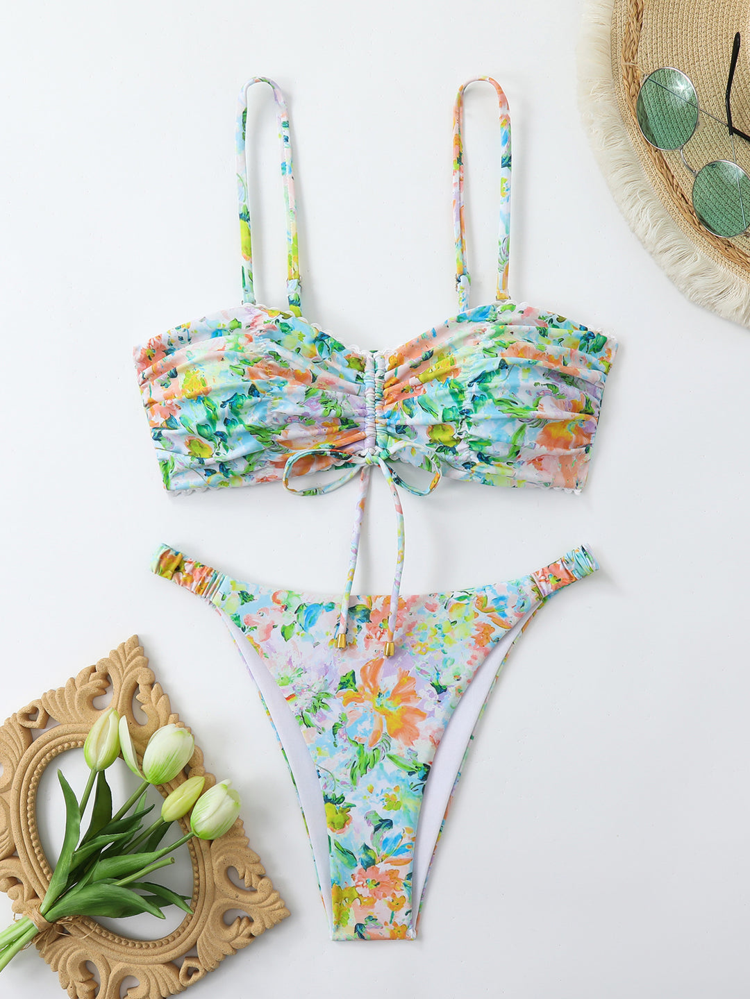 Damen Bikini-Set mit gerafftem Oberteil und hoch taillierten Hosen R&B