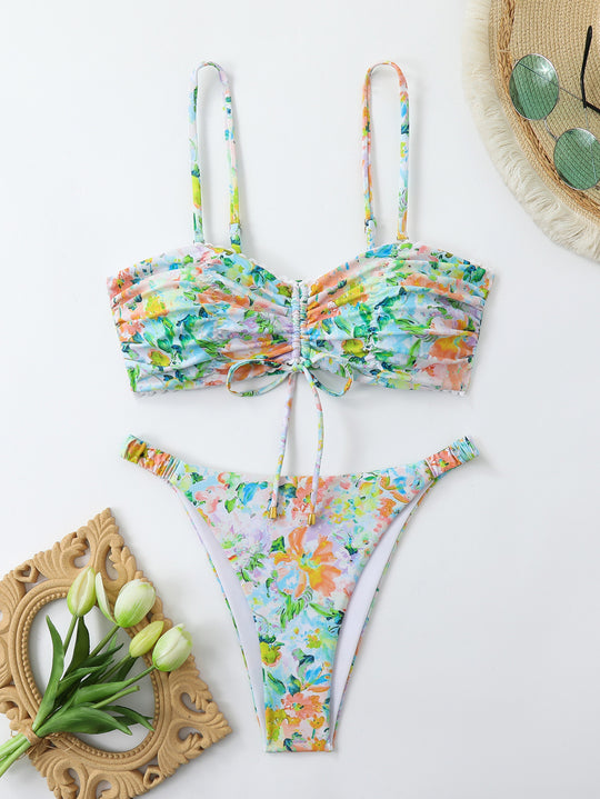 Damen Bikini-Set mit gerafftem Oberteil und hoch taillierten Hosen R&B