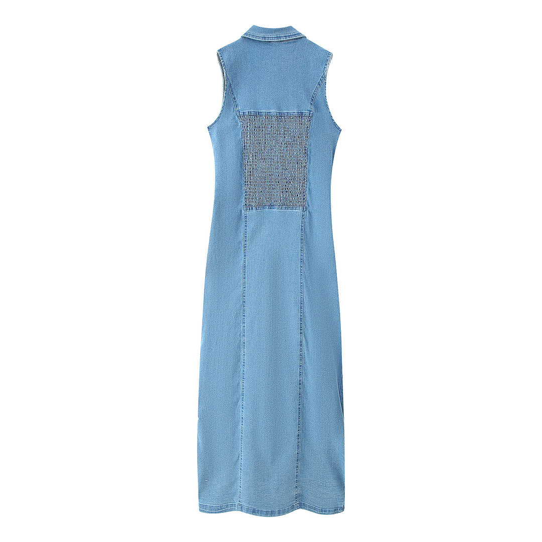 Damen Denim Maxikleid mit Knopfleiste und hohem Kragen R&B
