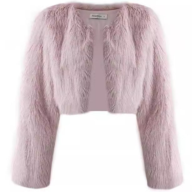 Damen Kurze glamouröse Kunstfelljacke mit lockeren Ärmeln R&B
