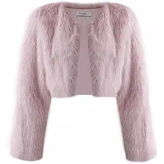 Damen Kurze glamouröse Kunstfelljacke mit lockeren Ärmeln R&B