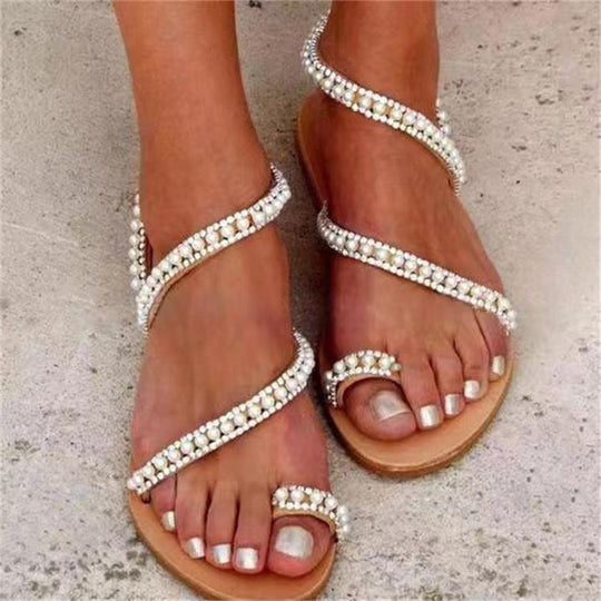 Damen Glamouröse und elegante Zehentrenner-Sandalen mit Perlenschmuck R&B