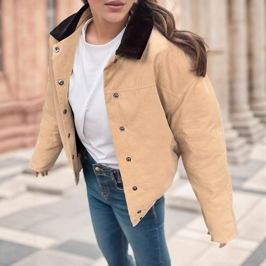 Damen modische Oversized-Jacke mit Samtkragen und Druckknopfverschluss R&B