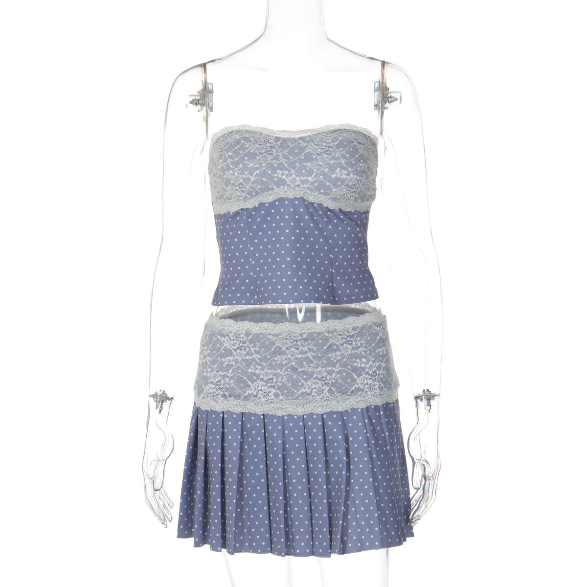 Damen Bandeau Kleid mit Spitzenbesatz und Plisseefalten R&B