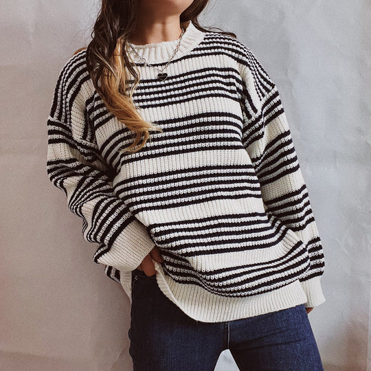 Damen lässiger Strickpullover mit breiten Streifen und überschnittenen Schultern R&B