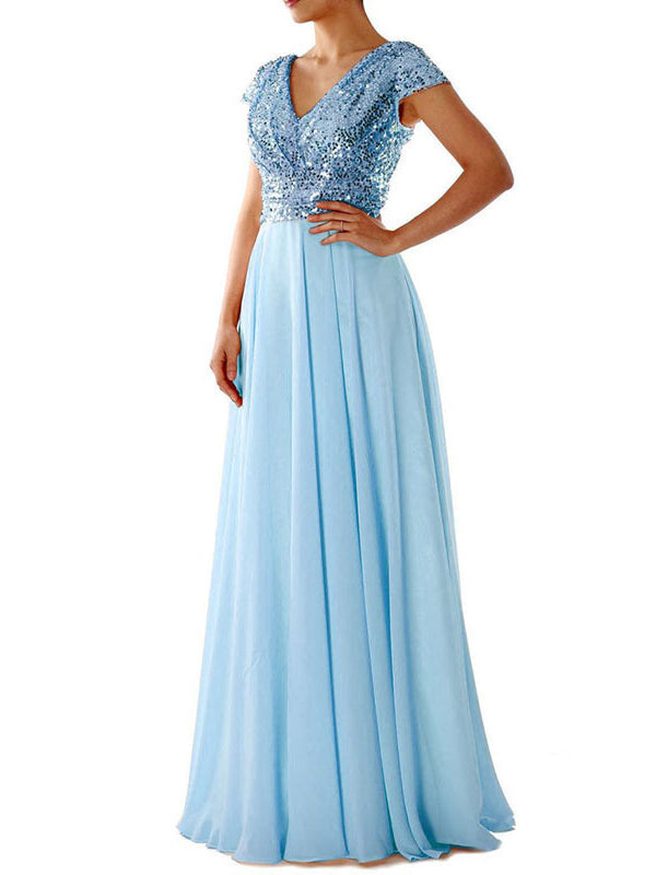 R&B | Damen Kleider V-Ausschnitt Paillette Chiffon Paneel Maxi Kleid