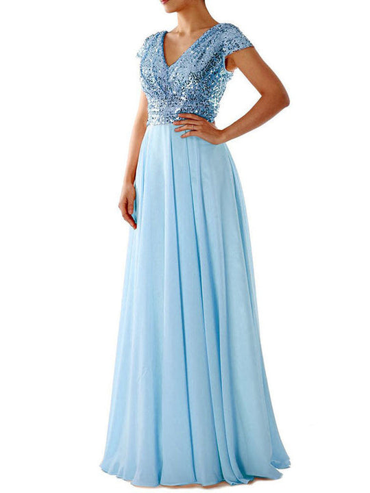 R&B | Damen Kleider V-Ausschnitt Paillette Chiffon Paneel Maxi Kleid