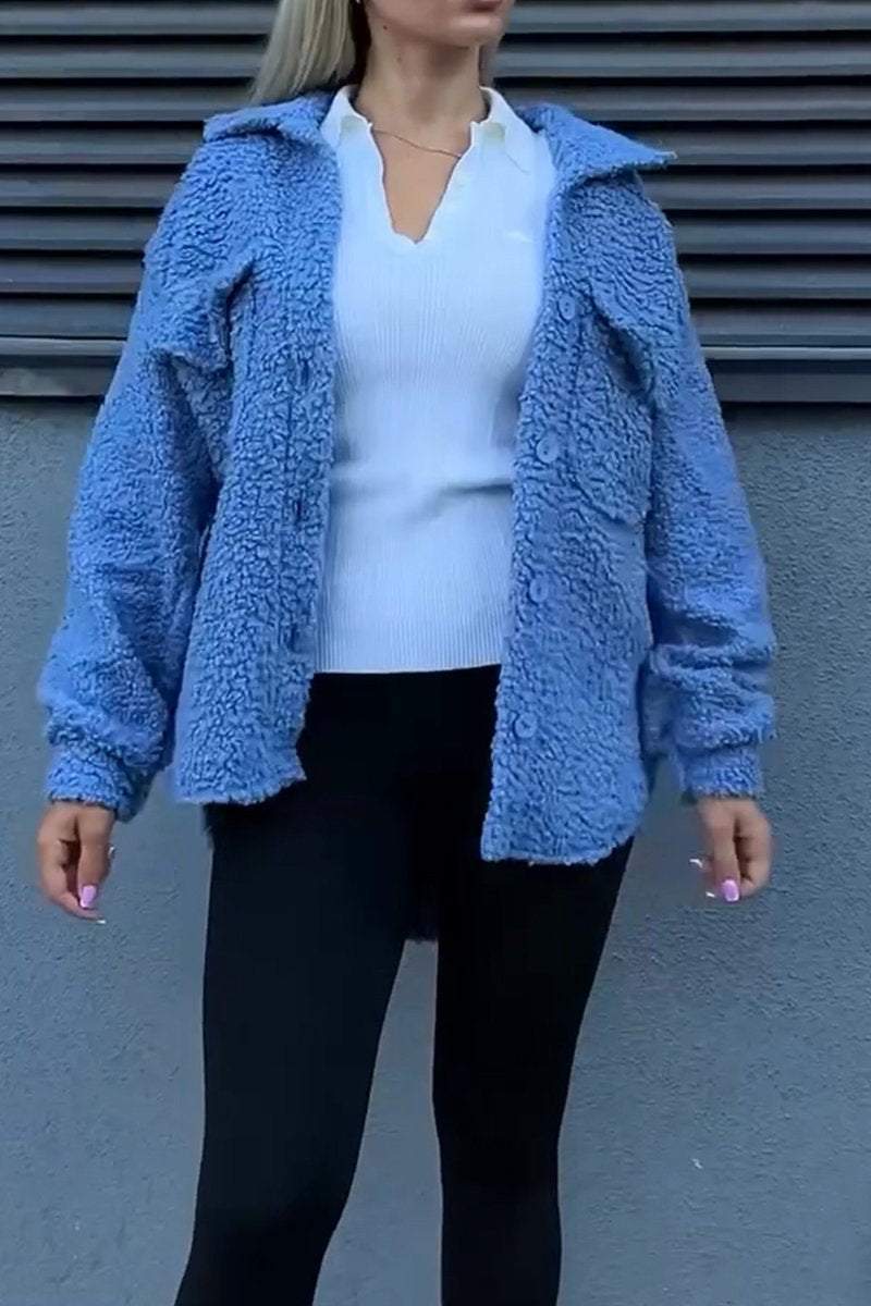 Damen Teddyjacke mit modischen Taschen und Knopfverschluss R&B