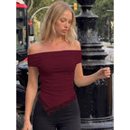 Damen Off-Shoulder Oberteil mit filigranem Spitzendetail und lässigem Schnitt R&B