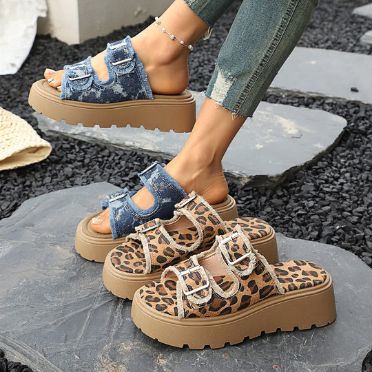 Damen Plateau-Pantoletten mit verstellbaren Riemen und trendiger Denim-Optik R&B