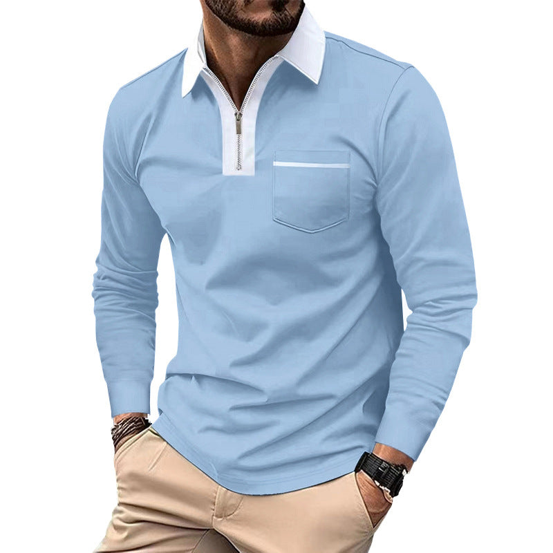 Herren Modisches Langarm-Polohemd mit Reißverschluss und Brusttasche R&B